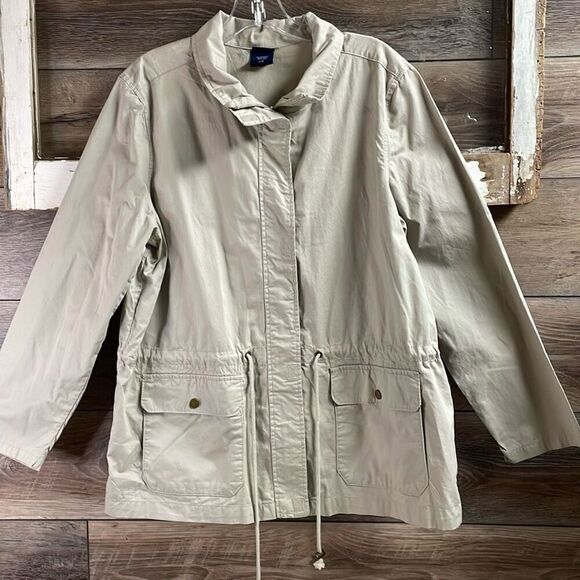BASIC EDITION Khaki Outdoor Utility Jacket Drawstring Waist Deep Pockets Size L - Picture 2 of 7